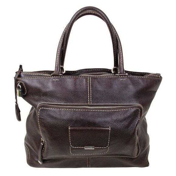 ROOMY TOD'S PEBBLED DARK BROWN GENUINE LEATHER SHOULDER BAG TOTE HANDBAG PURSE - Picture 1 of 16
